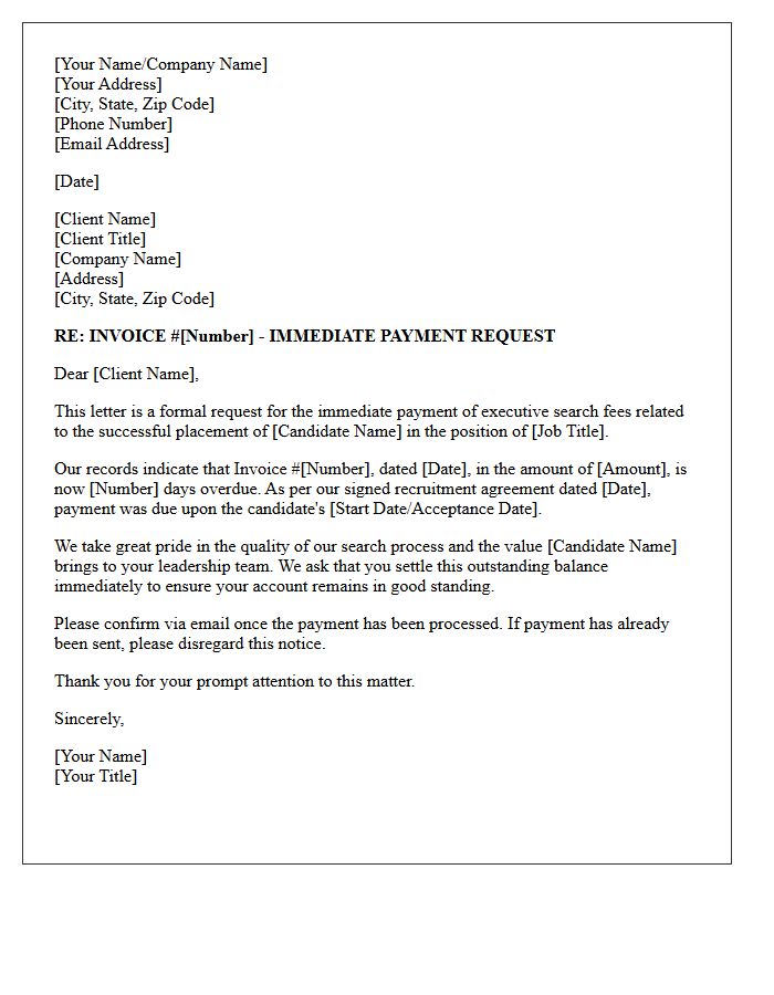 Letter Requesting Immediate Payment for Executive Search Fees