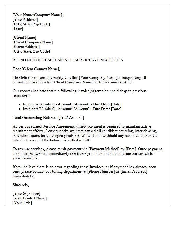Letter to Suspend Recruitment Services Due to Unpaid Fees