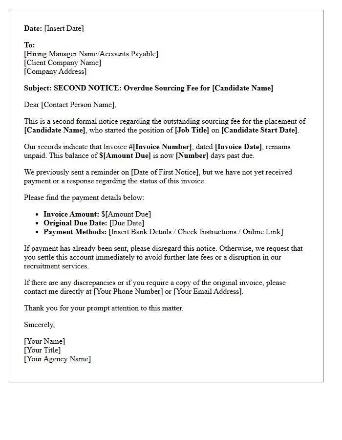 Second Notice Letter for Overdue Candidate Sourcing Fees