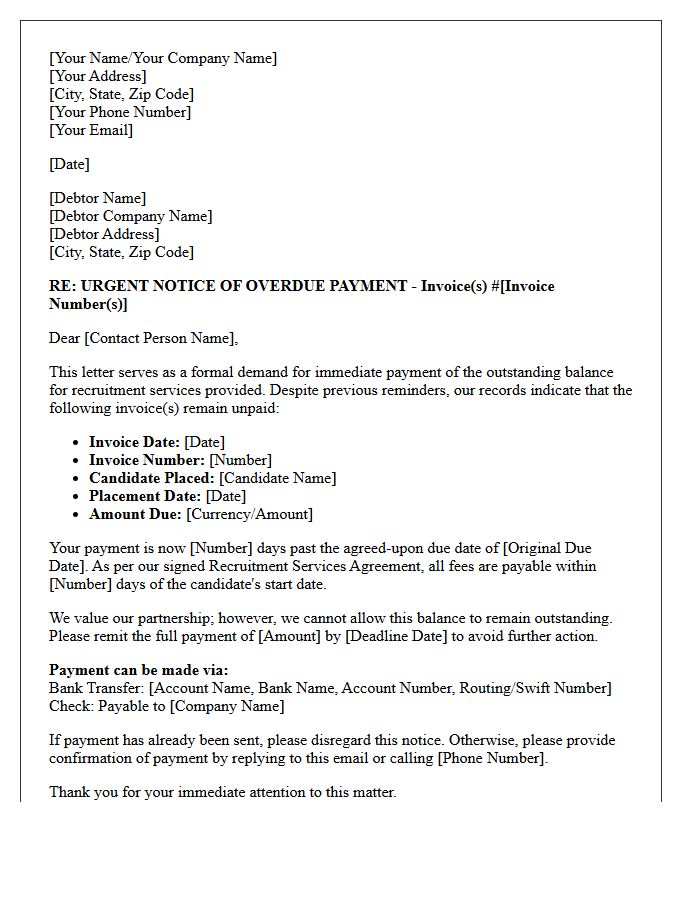 Urgent Letter Demanding Payment for Recruitment Services