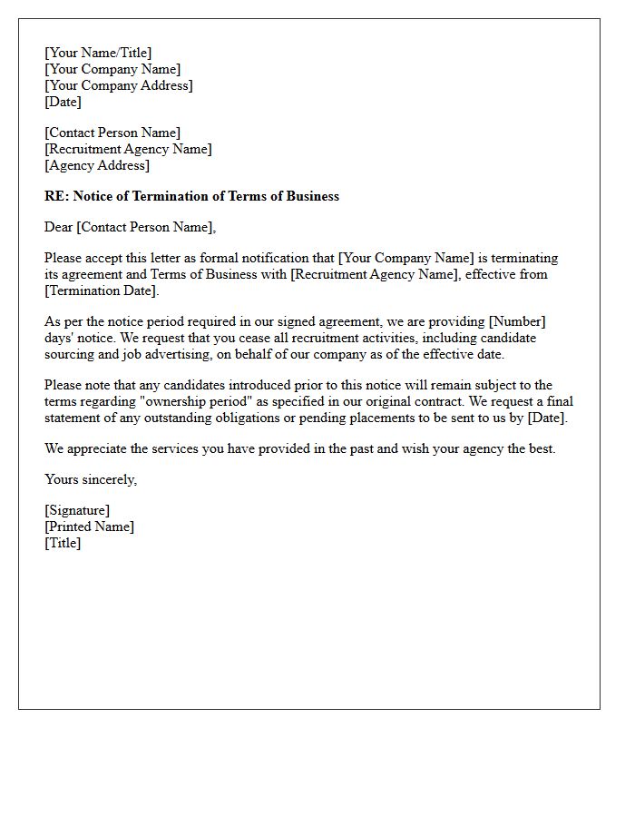 Formal Letter Terminating Recruitment Agency Terms of Business