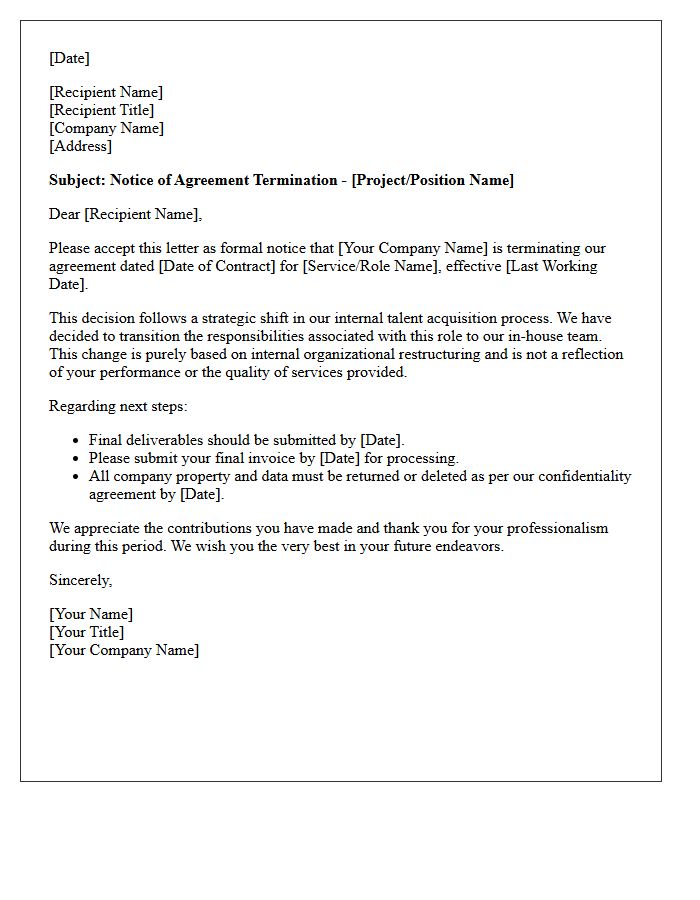 Letter of Agreement Termination Due to Internal Talent Acquisition Shift