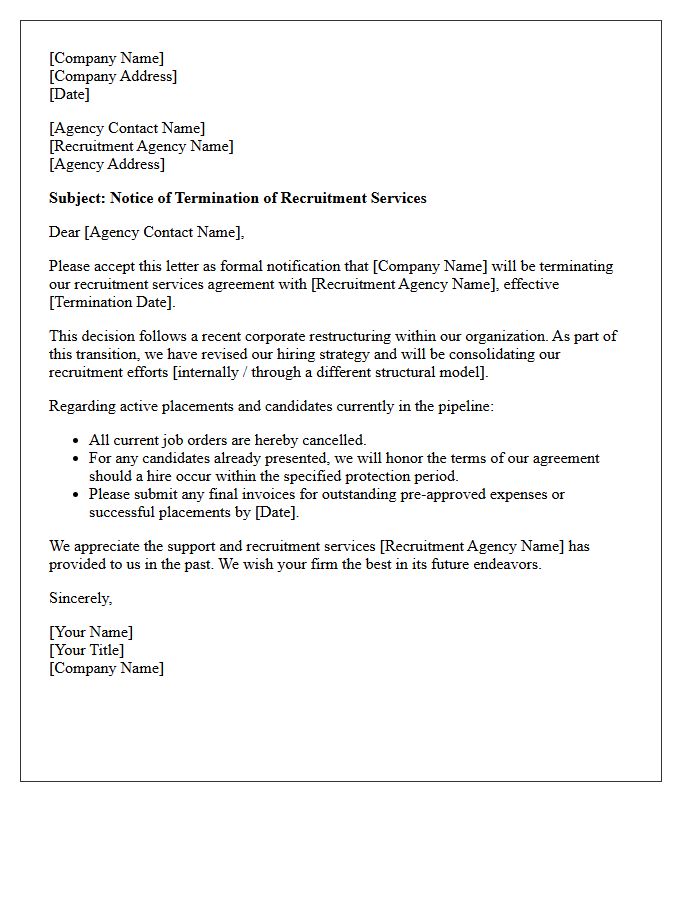 Letter of Recruitment Agency Termination Following Corporate Restructuring