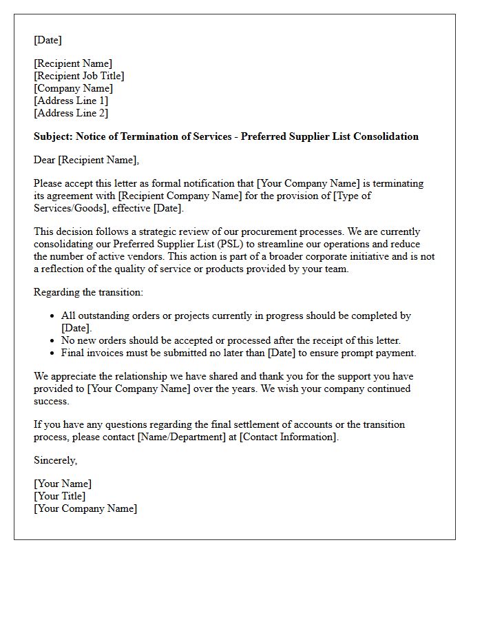 Letter of Termination Due to Preferred Supplier List Consolidation