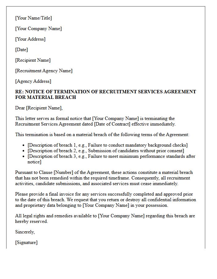 Letter Terminating Recruitment Services for Material Breach of Contract