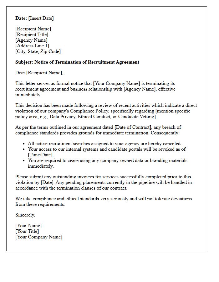 Letter Terminating Recruitment Terms for Compliance Policy Violations