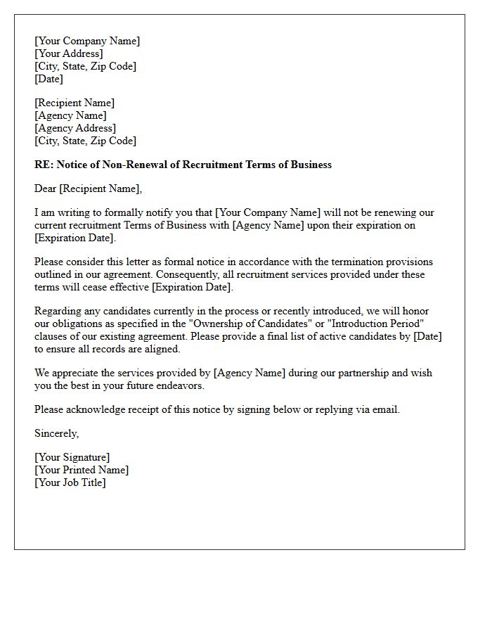 Non-Renewal Letter for Expiring Recruitment Terms of Business