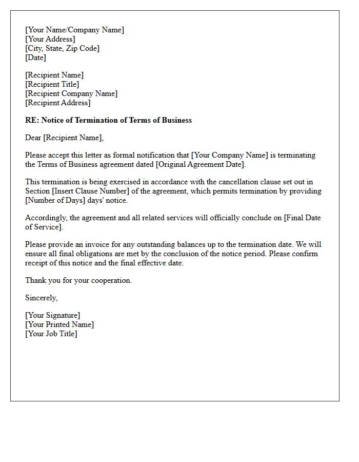 Notice Letter Terminating Terms of Business Under Cancellation Clause