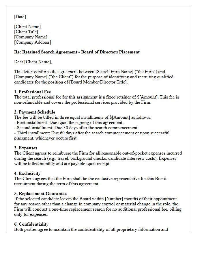 Board Member Retained Executive Search Fee Agreement Letter