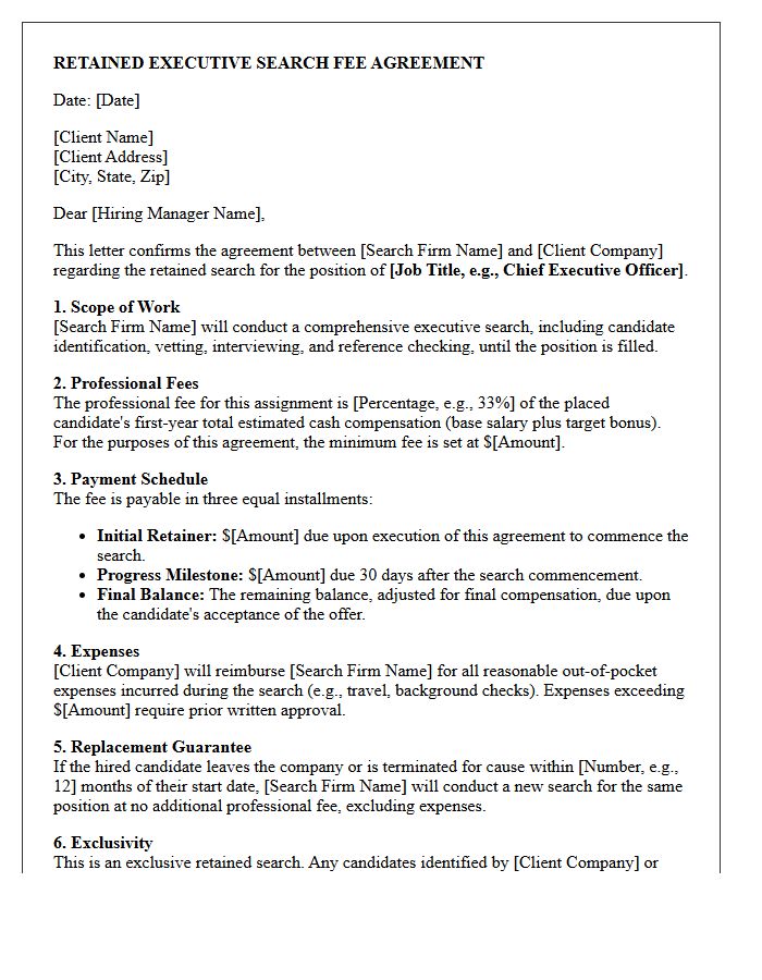 C-Suite Retained Executive Search Fee Agreement Letter