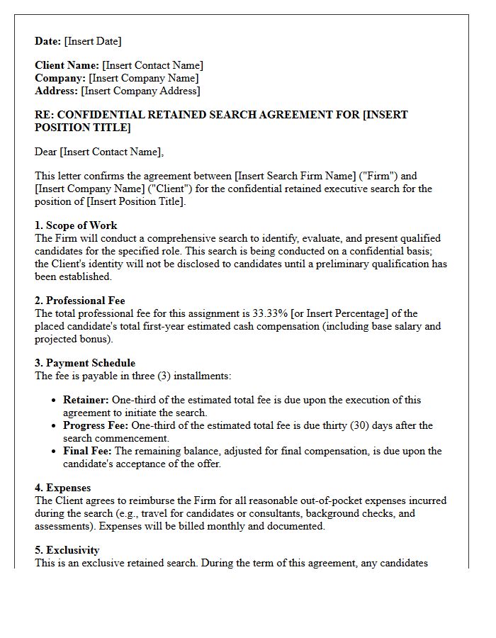 Confidential Retained Executive Search Fee Agreement Letter