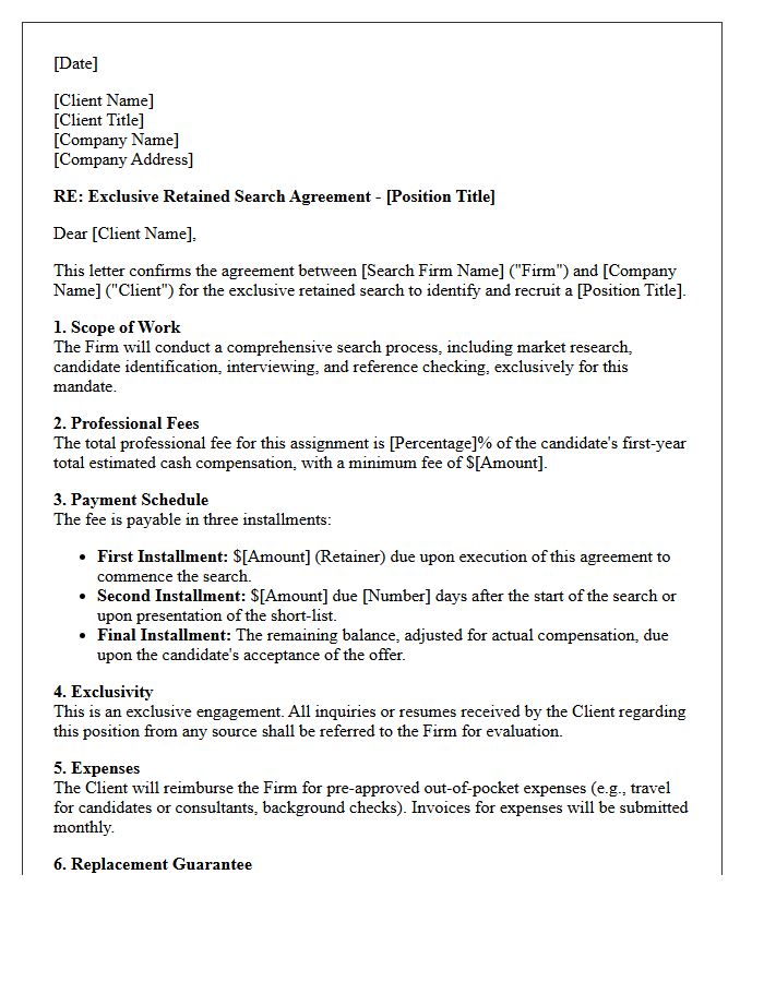 Exclusive Retained Executive Search Fee Agreement Letter
