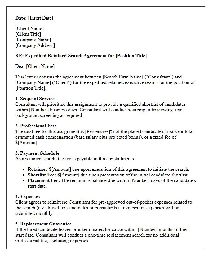 Expedited Retained Executive Search Fee Agreement Letter