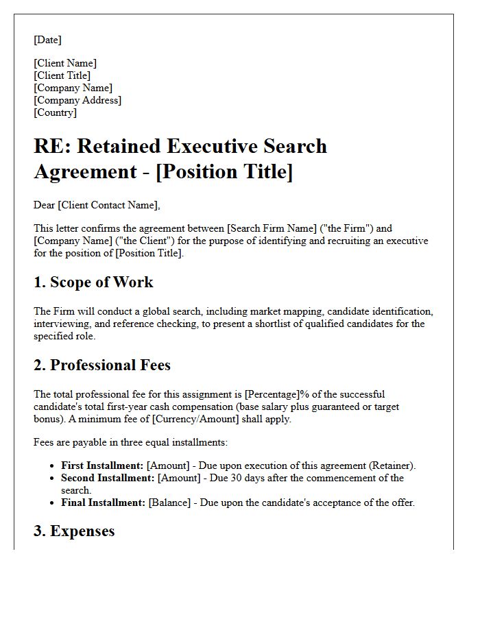 International Retained Executive Search Fee Agreement Letter