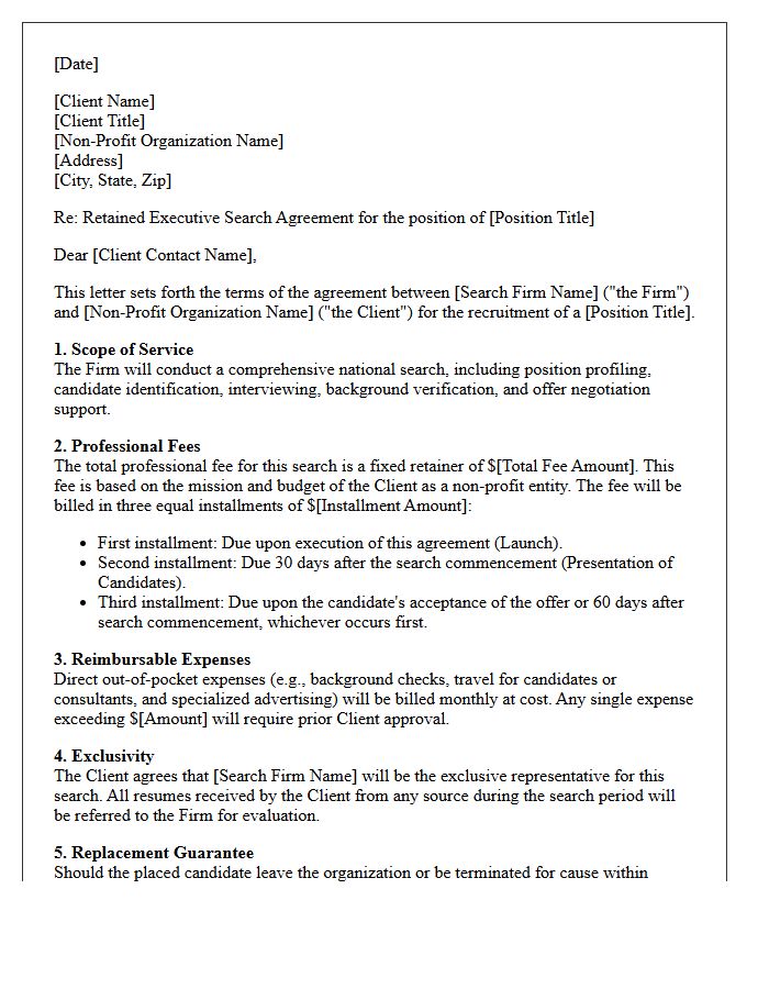 Non-Profit Retained Executive Search Fee Agreement Letter