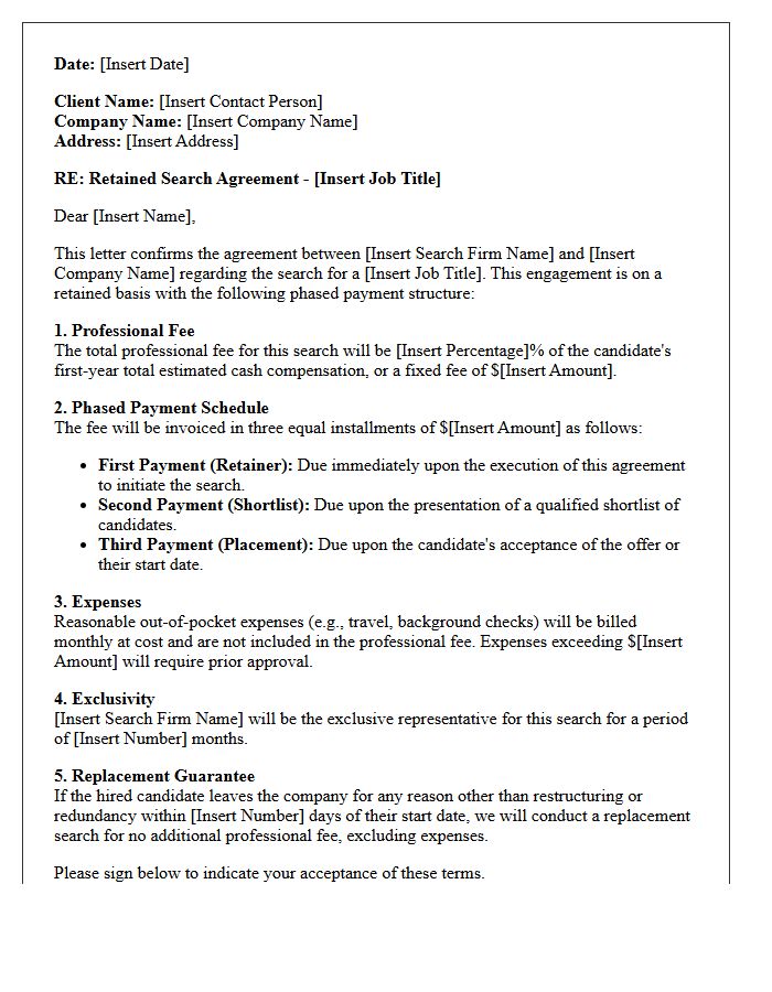 Phased Payment Retained Executive Search Fee Agreement Letter