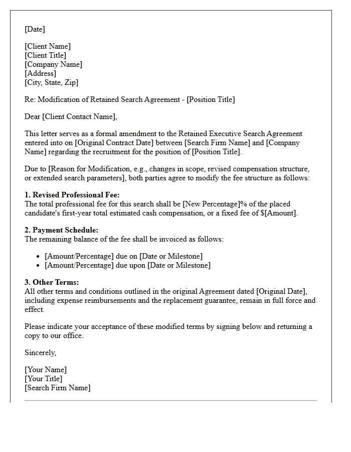 Retained Executive Search Fee Agreement Modification Letter