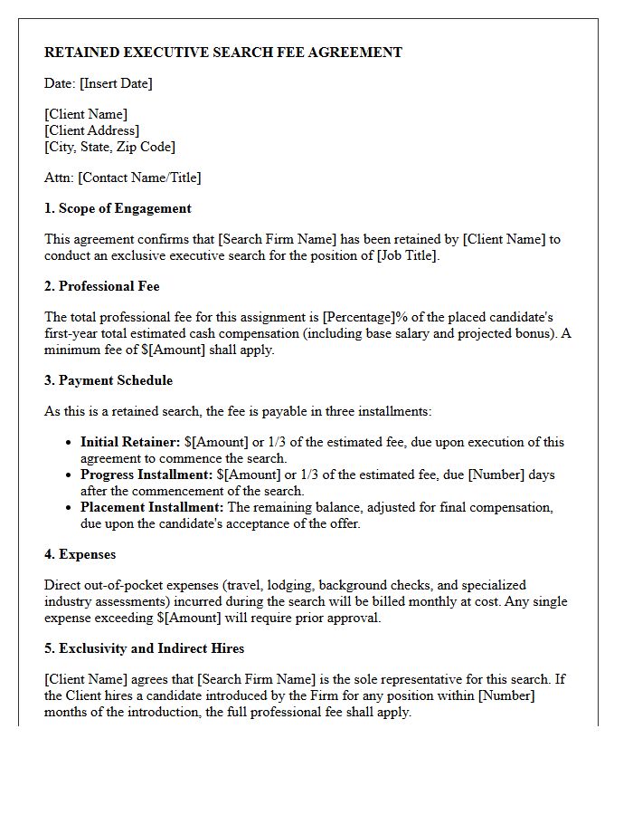 Specialized Industry Retained Executive Search Fee Agreement Letter