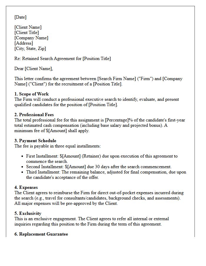 Standard Retained Executive Search Fee Agreement Letter