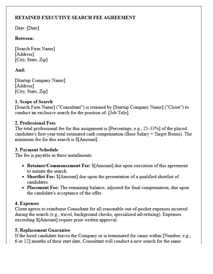 Startup Retained Executive Search Fee Agreement Letter