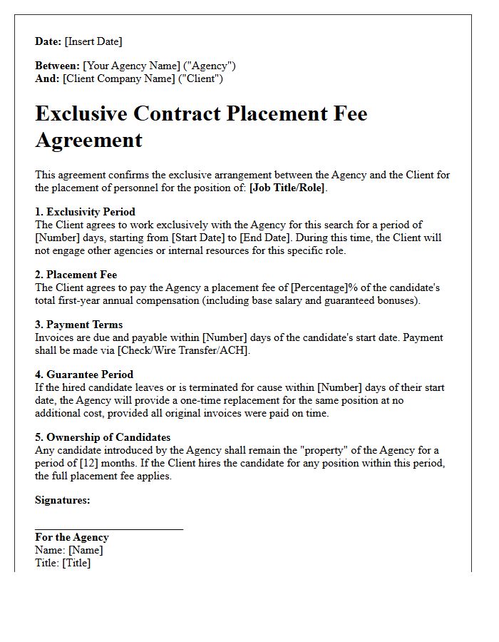 Exclusive Contract Placement Fee Agreement Letter