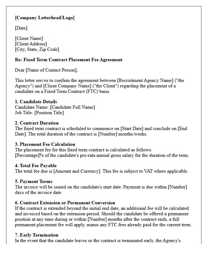 Fixed Term Contract Placement Fee Agreement Letter