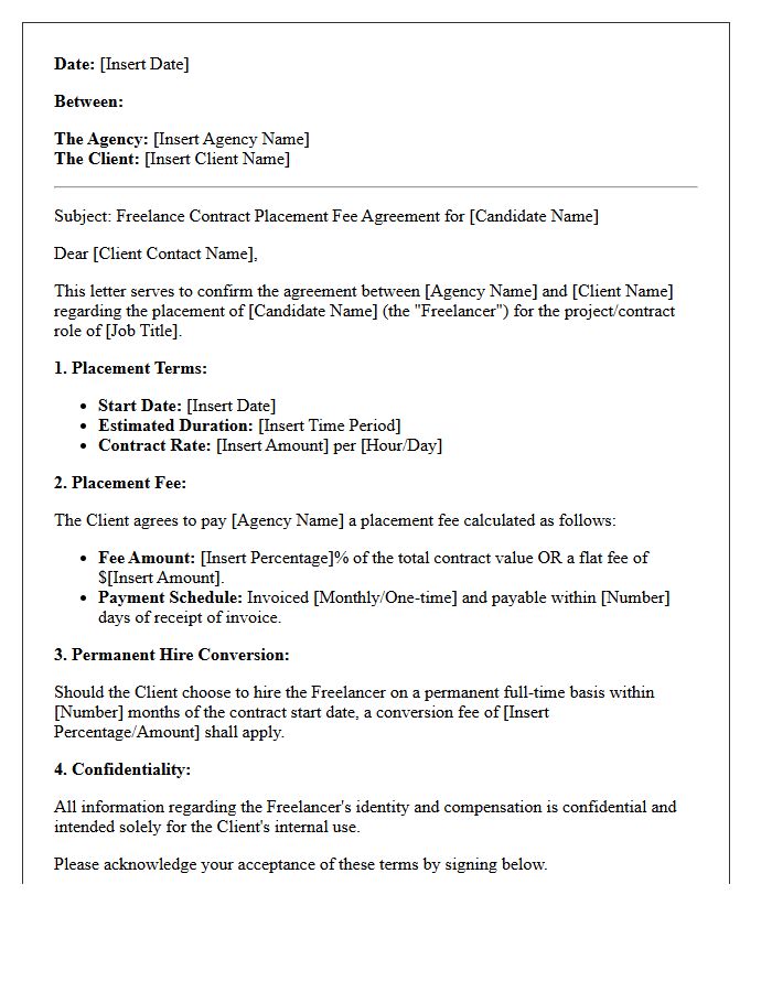 Freelance Contract Placement Fee Agreement Letter
