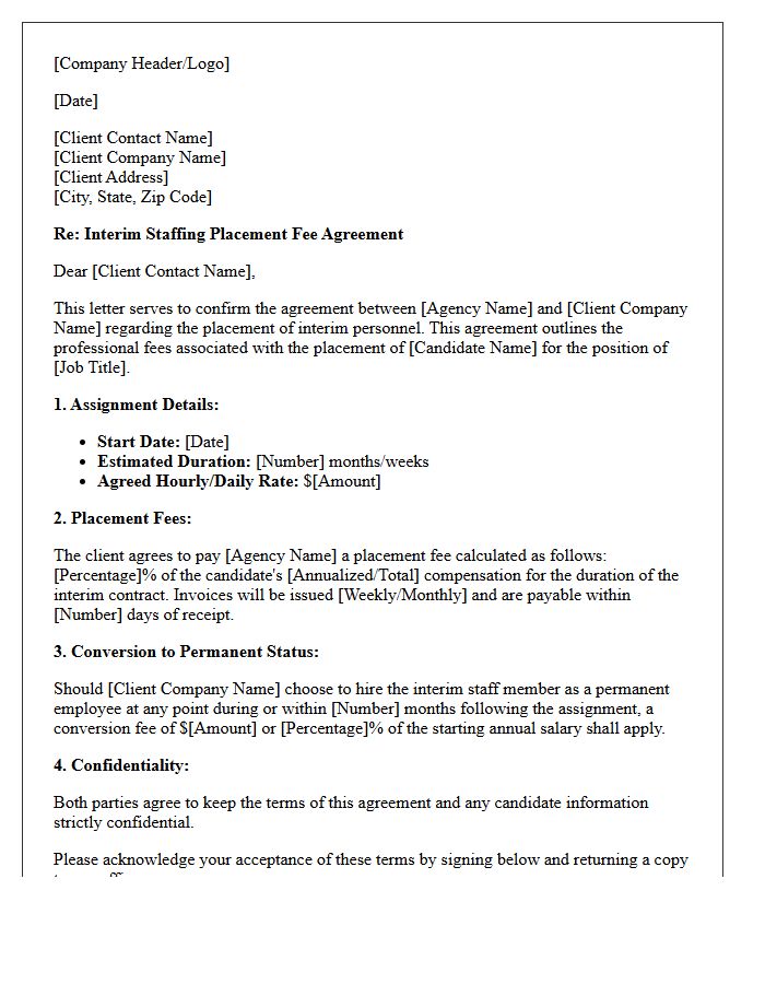 Interim Staffing Contract Placement Fee Agreement Letter