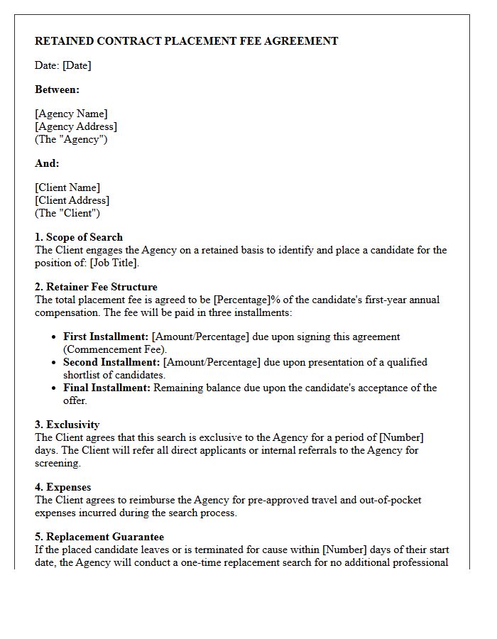 Retained Contract Placement Fee Agreement Letter