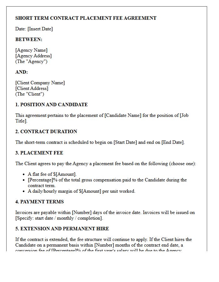Short Term Contract Placement Fee Agreement Letter
