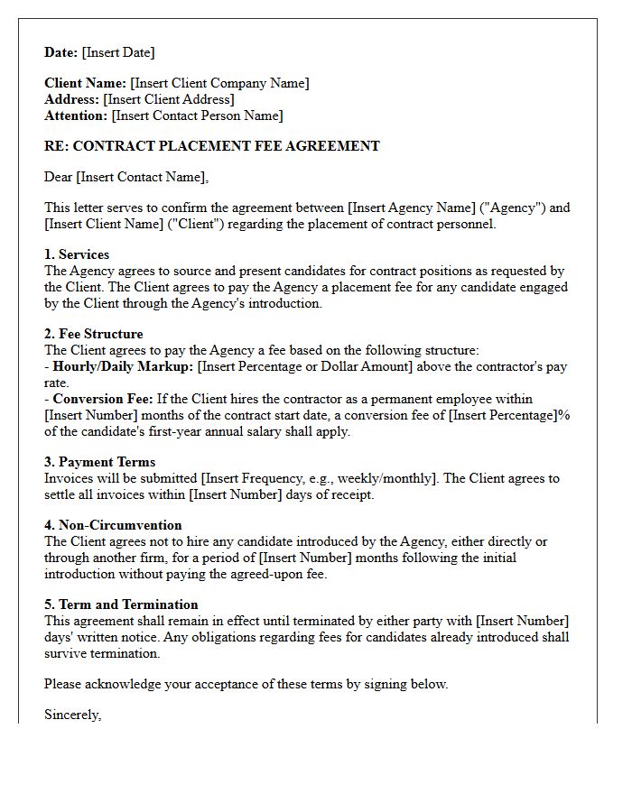 Standard Contract Placement Fee Agreement Letter