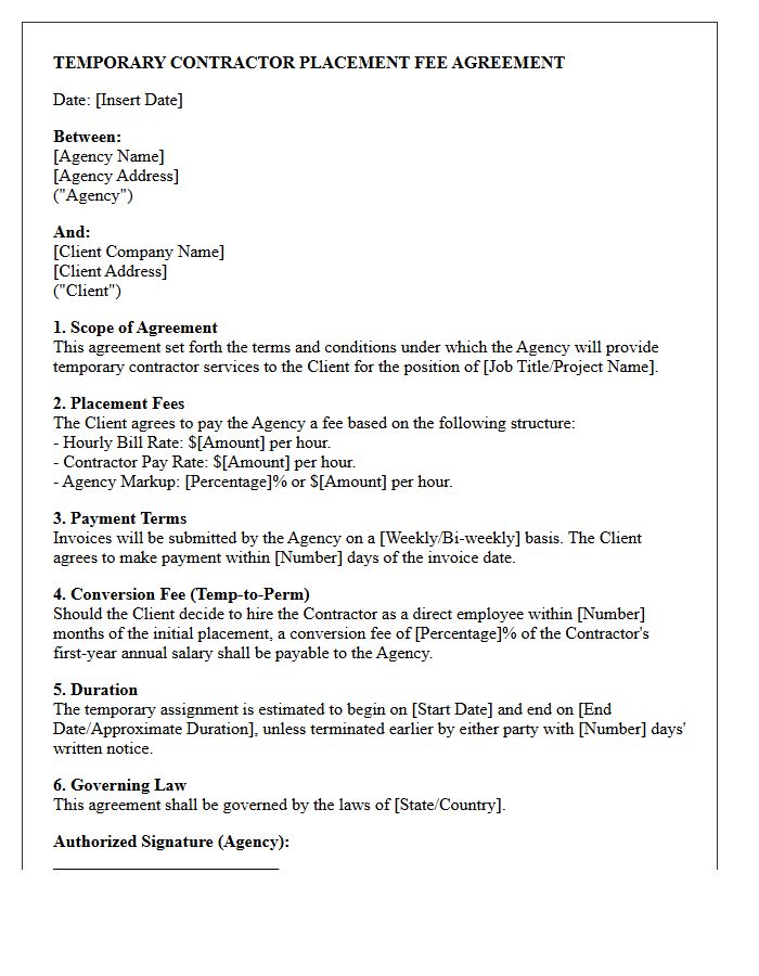 Temporary Contractor Placement Fee Agreement Letter