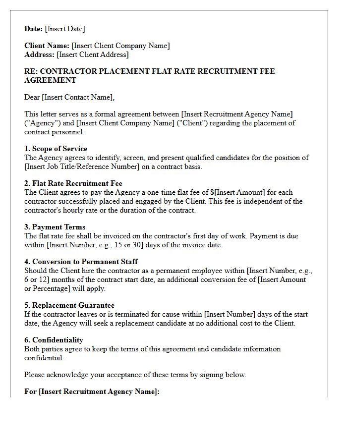 Contractor Placement Flat Rate Recruitment Fee Agreement Letter