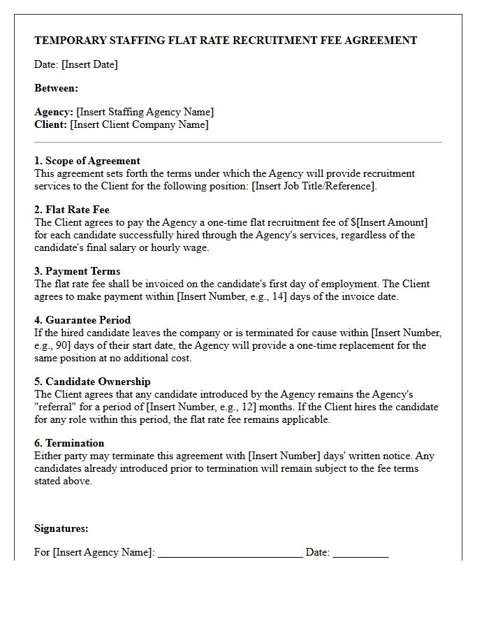 Temporary Staffing Flat Rate Recruitment Fee Agreement Letter