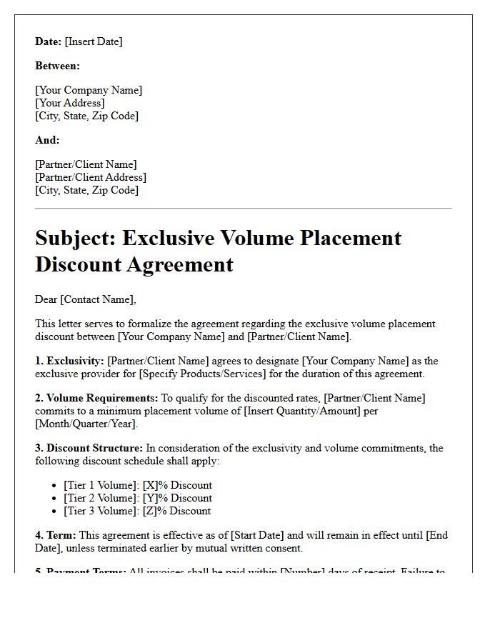 Exclusive Volume Placement Discount Agreement Letter