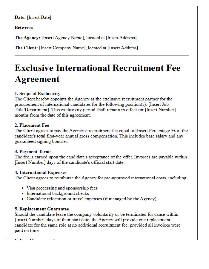 Exclusive International Recruitment Fee Agreement Letter
