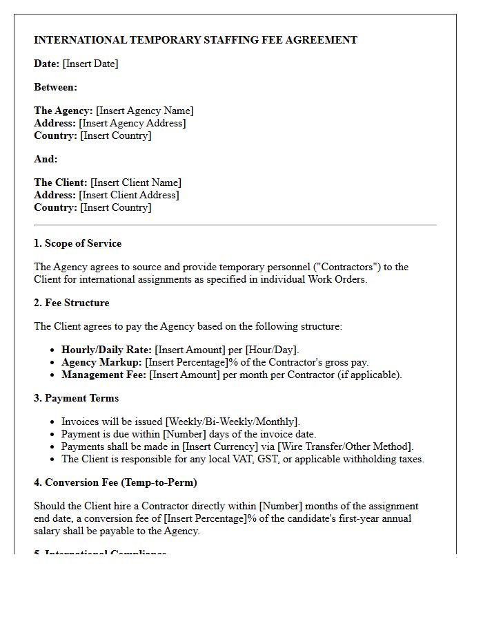 International Temporary Staffing Fee Agreement Letter