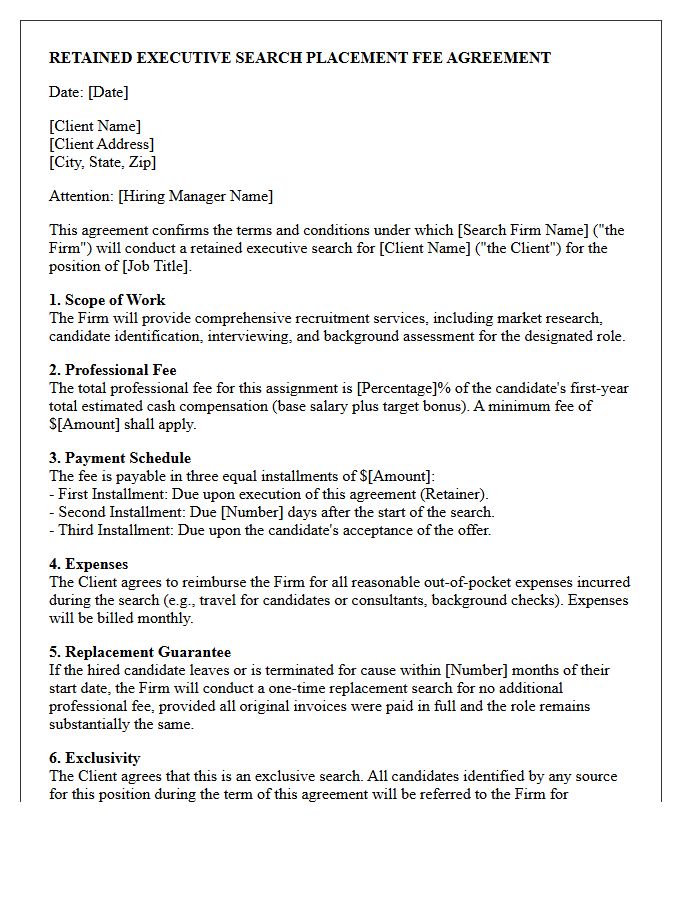 Retained Executive Search Placement Fee Agreement Letter