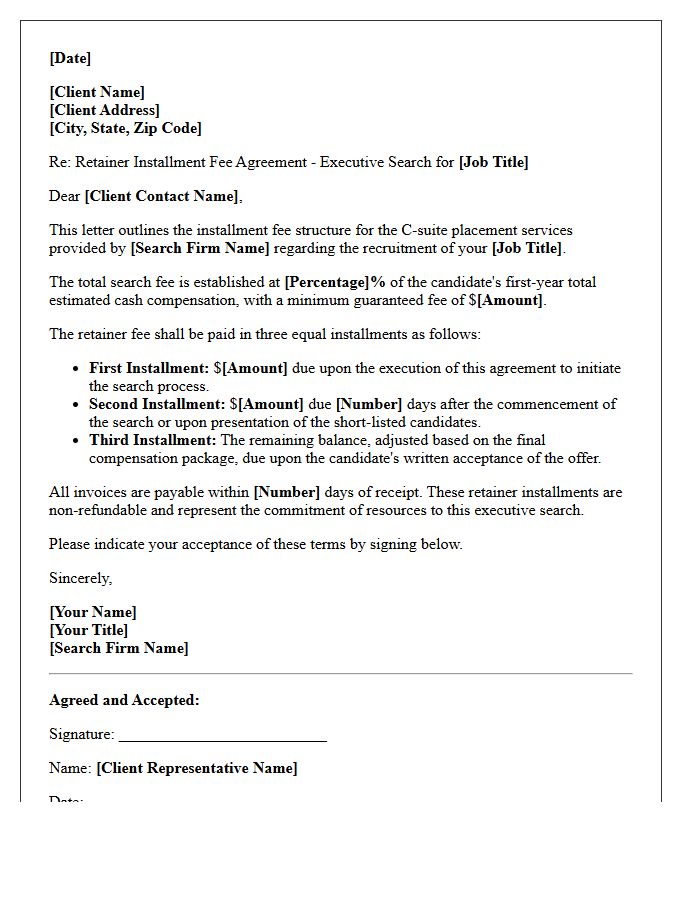 C-Suite Placement Retainer Installment Fee Agreement Letter