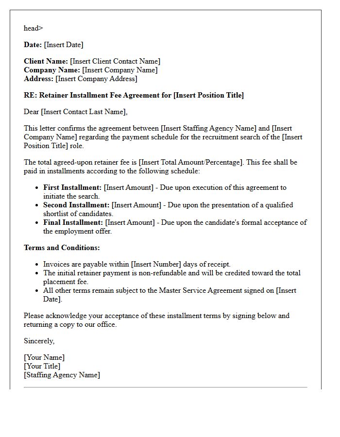 Corporate Staffing Retainer Installment Fee Agreement Letter