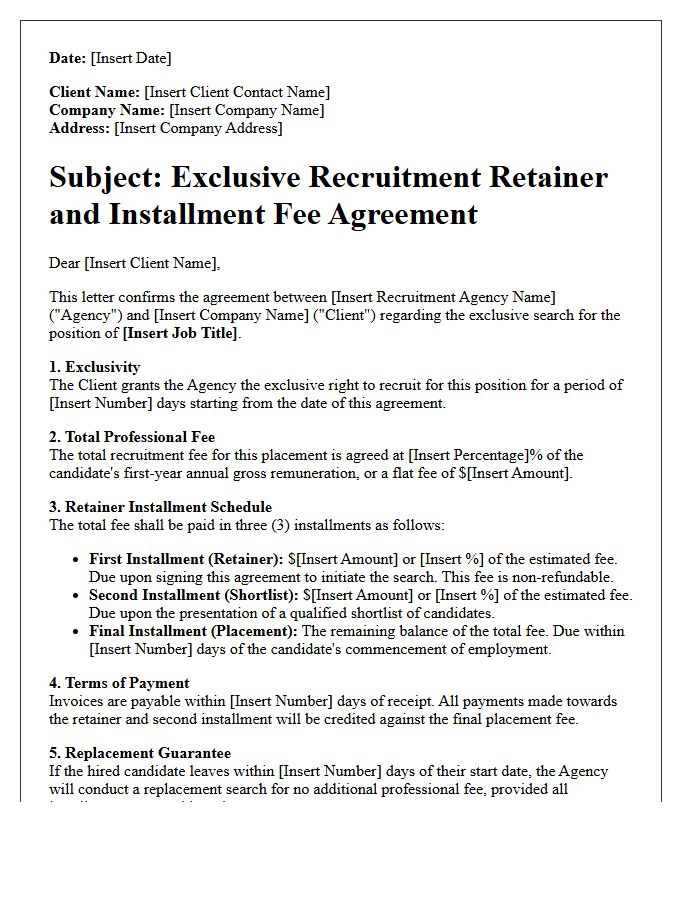 Exclusive Recruitment Retainer Installment Fee Agreement Letter