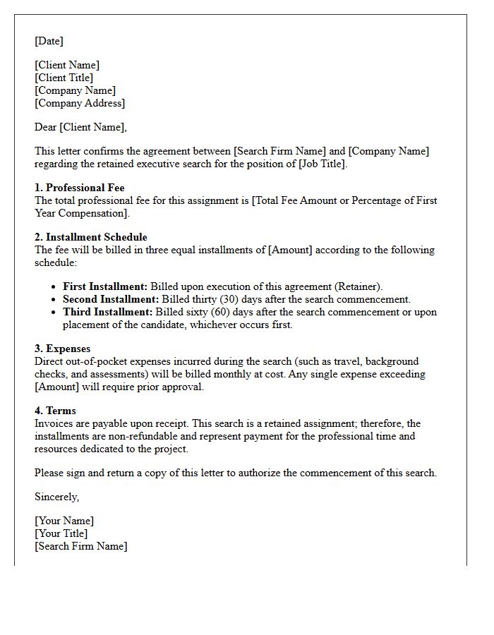 Executive Search Retainer Installment Fee Agreement Letter