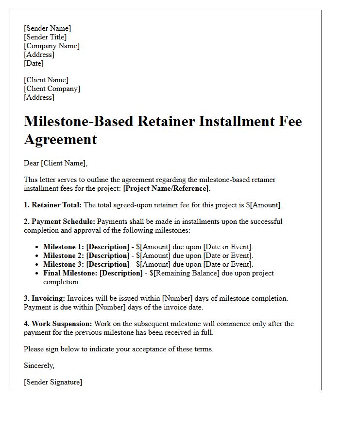 Milestone-Based Retainer Installment Fee Agreement Letter