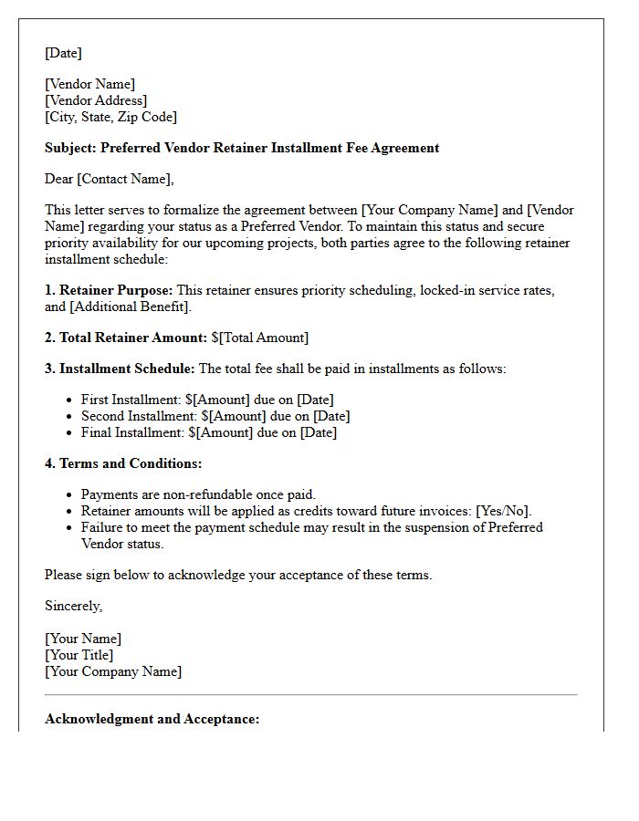 Preferred Vendor Retainer Installment Fee Agreement Letter