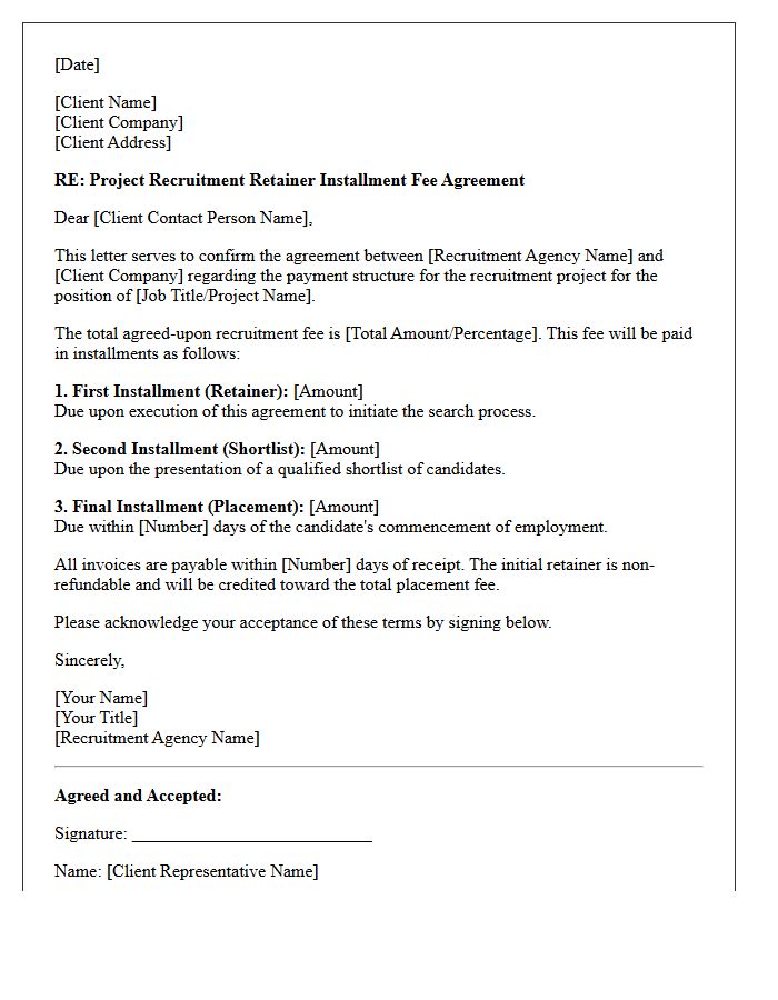Project Recruitment Retainer Installment Fee Agreement Letter