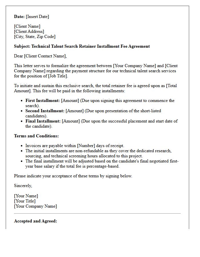 Technical Talent Search Retainer Installment Fee Agreement Letter