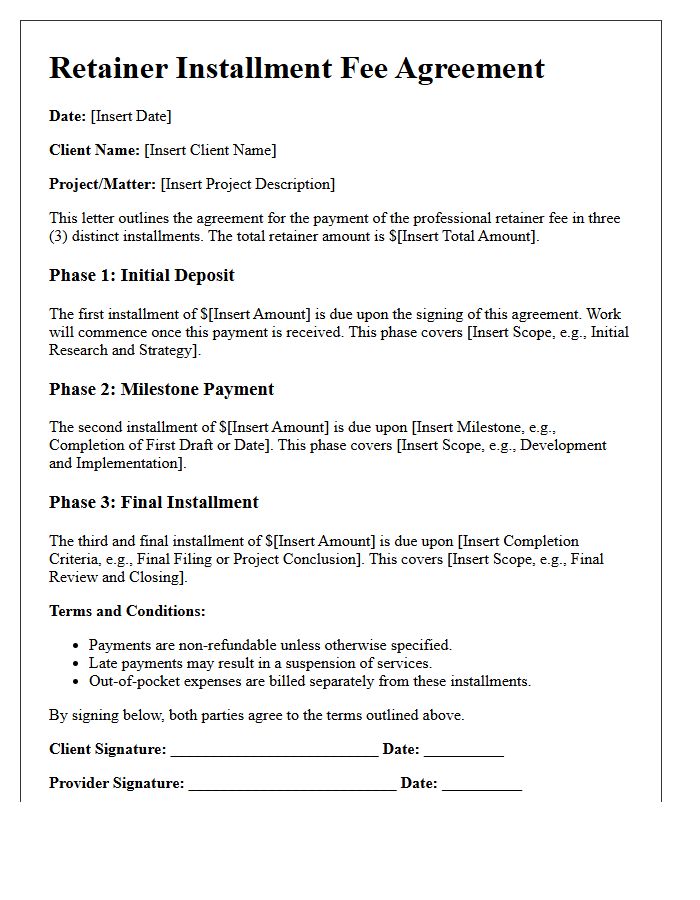 Three-Phase Retainer Installment Fee Agreement Letter