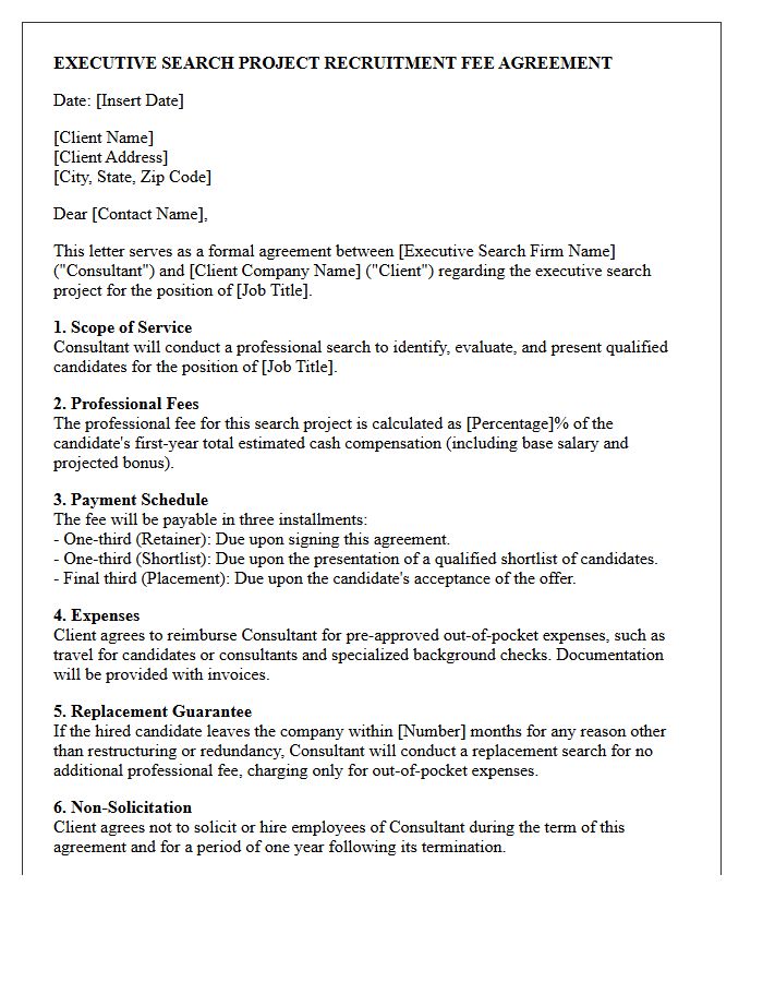 Executive Search Project Recruitment Fee Agreement Letter