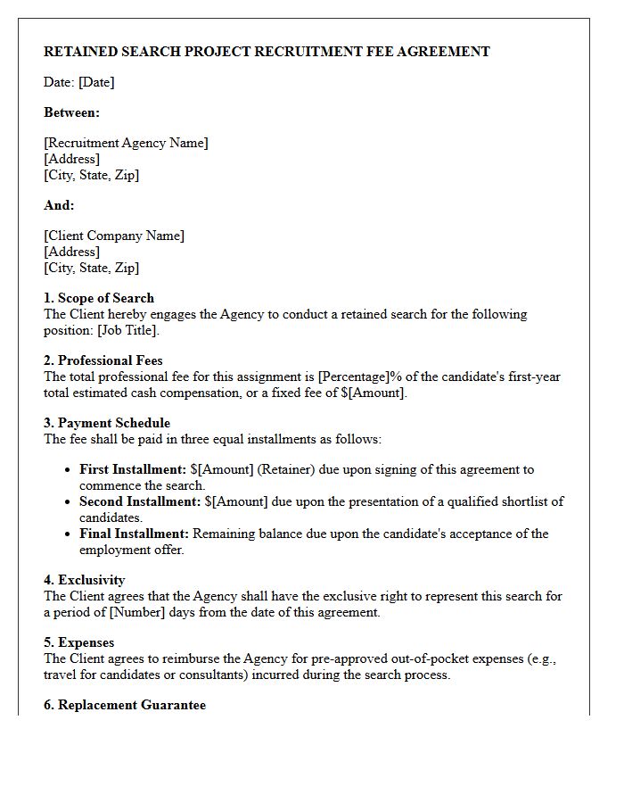 Retained Search Project Recruitment Fee Agreement Letter