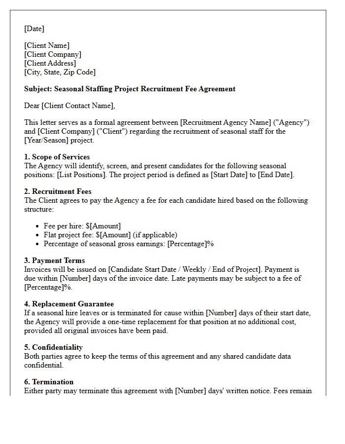 Seasonal Staffing Project Recruitment Fee Agreement Letter